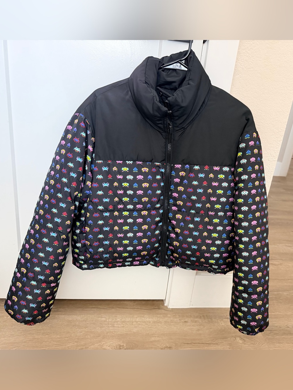 Women’s XS Oversized Reversible Black Pixel-Print Space Invader Puffer Jacket